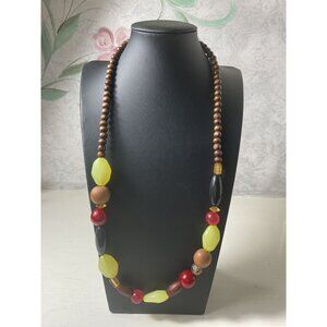Vintage Beaded Necklace With Wooden & Chunky Beads Yellow & Red Accents Tassel C